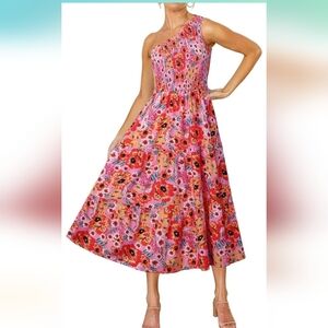 Floral One-Shoulder Dress, Smocked Ruffle Tiered, Midi Dress.